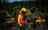 Des pompiers privés travaillant pour les groupes papetiers Navigator et Altri s'exercent à Abrantes, au Portugal, en août 2019