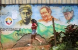 photo d'une fresque murale représentant l'ancien leader de la guerrilla des FARC-EP, Marulanda, dans les montagnes de la municipalité de El Patia, dans la région de Cauca en colombie, le 5 mai 2021