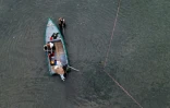 Vue aérienne des ramasseurs de palourdes dans les eaux peu profondes du delta du Pô, à Scardovari, dans le nord-est de l'Italie, le 26 juin 2026