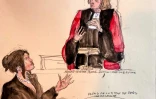 Croquis d'audience représentant l'influenceuse Kim Kardashian (g), à côté de l'avocate générale Anne-Dominique Merville, le 13 mai 2025 au palais de Justice de Paris