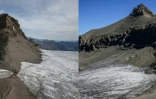 Les glaciers de Tsanfleuron et du Scex rouge, dans le massif des Diablerets (Suisse), photographiés le 13 septembre 2022 (à gauche) et le 6 septembre 2026 (à droite)