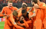 Le milieu de terrain néerlandais Georginio Wijnaldum (au sol) après avoir marqué contre la France, à Rotterdam le 16 novembre 2018