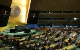 L'ambassadeur palestinien auprès des Nations Unies, Riyad Mansour (à la tribune)lors d'une réunion de l'Assemblée générale de l'ONU à New York, le 12 juin 2025