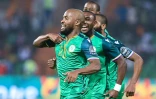 La joie de l'attaquant des Comores, Ahmed Mogni, après avoir marqué le 2e but contre le Ghana, lors de leur match du groupe C de la Coupe d'Afrique des nations, le 18 janvier 2022 à Garoua (Cameroun)