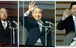 Trois générations de la famille impériale japonaise: l'ancien empereur Hirohito, décédé en 1989, son fils l'empereur actuel Akihito et le fils de celui-ci Naruhito, saluent depuis le palais impérial à Tokyo