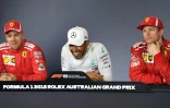 Lewis Hamilton (c/Mercedes), Sebastien Vettem (g/Ferrari) et Kimi Raikkonen (Ferrari) en conférence de presse après les qualif pour le GP d'Australie, le 24 mars 2018 à Melbourne