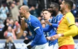 La joie de Ludovic Ajorque (à gauche) après avoir ouvert le score pour Strasbourg lors de la réception de Lens à la Meinau, le 3 avril 2022 