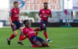 La joie de l'attaquant clermontois Mohamed Bayo, après avoir marqué à domicile contre Sochaux, lors de leur match de L2, le 8 mai 2021 au stade Gabriel Montpied