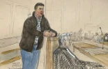 Croquis d'audience du 21 décembre 2023 montrant le Chilien Nicolas Zepeda, accusé du meurtre présumé de son ex-petite amie japonaise en 2016, lors de l'audience finale et du prononcé du verdict de son procès en appel au tribunal de Vesoul, en Haute-Saône 