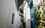 Une touriste se promène dans les ruelles d'Anafiotika, un quartier situé dans la zone archéologique de l'Acropole, le 6 juillet 2018 à Athènes, en Grèce
