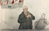 Croquis d'audience du 4 mars 2025 montrant l'ancien chirurgien Joël Le Scouarnec (c) lors de son procès à Vannes, dans le Morbihan 