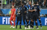 Les joueurs de l'équipe de France heureux après leur victoire face à la Belgique en demi-finales, à Saint-Pétersbourg, le 10 juillet 2018