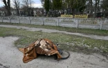 Le corps d'un cycliste tué, recouvert d'une couverture, à Makariv (Ukraine) le 4 avril 2022
