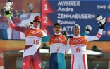 (g à d) Le Suisse Ramon Zenhaeusern, en argent, le Suédois Ande Myhrer, en or, et l'Autrichien Michael Matt, en bronze, au slalom, Yongpyong, le 22 février 2018