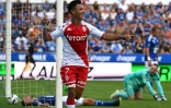 La joie de l'attaquant monégasque Sofiane Diop, après avoir marqué le 2e but face à Strasbourg, lors de la 1ère journée de Ligue 1, le 6 août 2022 au Stade de La Meinau