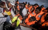 Un membre de "Médecins sans frontières" aide un migrants lors d'une opération de sauvetage en Méditerranée, le 28 septembre 2015 au large des côtes libyennes