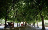 Des piétons marchent à l'ombre tout en s'éventant pour se rafraîchir lors d'une vague de chaleur au Jardin du Palais-Royal à Paris, le 21 juin 2026