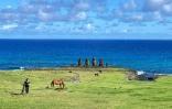 Des moai, staues géantes de l'île de Pâques, au milieu du Pacifique, à 3.500 km des côtes chiliennes, le 6 août 2022