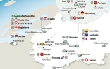 Carte de la Russie avec les camps de base des 32 équipes et les 12 stades  du Mondial de football 2018