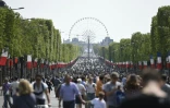 Des passants sur l'avenue des Champs-Elysées à Paris le 8 mai 2016 à l'occasion d'une journée sans voiture sur la célèbre avenue parisienne appelée à se répéter un dimanche par mois