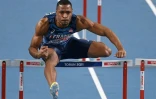 Wilhem Belocian lancé vers sa victoire sur 60 m haies des Championnats d'Europe d'athlétisme en salle à Torun, le 7 mars 2021