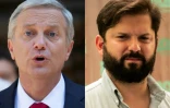 Le candidat d'extrême droite à la présidentielle au Chili Jose Antonio Kast (g) le 15 octobre 2021 à Santiago, et le candidat de gauche Gabriel Boric le 28 octobre 2021 à Santiago