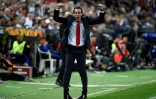 La joie de l'entraîneur d'Arsenal Unai Emery après le 3e but son équipe face à Valence en demi-finale retour de Ligue Europa, le 9 mai 2019 à Mestalla