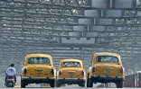 Des taxis Ambassador dans une rue de Calcutta, le 26 janvier 2025 en Inde