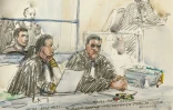 Croquis d'audience d'Ilias Akoudad (g) et de ses avocats dont Frank Berton (d), lors du procès pour le meurtre du policier français Eric Masson à la cour d'assises du Vaucluse, le 19 février 2024 à Avignon