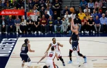 Nikola Jokic (Denver Nuggets) effectue un lancer pendant le deuxième match de la finale de la NBA, le 4 juin 2023 à Denver face au Miami Heat