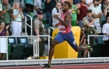 L'Américain Noah Lyles pendant la finale du 200 m, qu'il a remportée, lors des Mondiaux d'athlétisme, le 21 juillet 2022 à Eugene (Oregon).