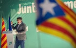 Le dirigeant séparatiste catalan en exil Carles Puigdemont pendant un meeting à Amélie-les-Bains, dans le sud de la France, le 27 juillet 2024