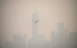 Vue d'une partie de la "sklyline" du sud de Manhattan le 6 juin 2023 sous un épais brouillard oragnge provoqué par les feux de forêt au Québec