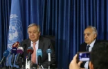 Le secrétaire général de l'ONU, Antonio Guterres, et Ghassan Salame, l'envoyé spécial des Nations unies pour la Libye, à Tripoli le 4 avril 2019