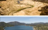 Le lac Oroville, en Californie, le 5 septembre 2021 (en haut) et le 16 avril 2023 (en bas)