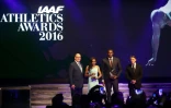 Le sprinteur jamaicain Usain Bolt et la fondeuse éthiopienne Almaz Ayana distingués par l'IAAF à Monaco, le 2 décembre 2016