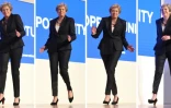 La Première ministre britannique Theresa May esquissant des pas de danse avant son discours en clôture du congrès des Tories à Birmingham, le 3 octobre 2018 