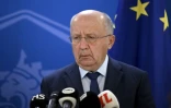Le commissaire européen à la Défense, Andrius Kubilius, lors d'une conférence de presse à Helsinki sur un mur anti-drone, le 26 septembre 2025 en Finlande