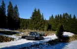 Un membre de l'équipe technique, au volant d'une dameuse, aménage la piste de ski de fond des JO d'hiver de la Jeunesse à Le Brassus près de Lausanne, le 6 janvier 2020