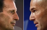 Combinaison de deux photos des entraîneurs de la Juventus Turin, Massimiliano Allegri, durant la finale de la Coupe d'Italie, à Rome, le 17 mai 2017, et du Real Madrid, Zinedine Zidane, lors d'une conférence de presse à Munich, le 11 avril 2017