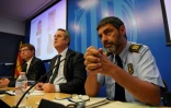De G à D, le responsable des affaires judiciaires de Catalogne Carles Mundo, de l'Intérieur, Joaquim Forn et le chef de la politique régionale de Catalogne Josep Lluis Trapero le 21 août 2017 lors d'une conférence de presse à Barcelone