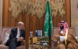 Une photo obtenue du palais royal montre le prince héritier saoudien Mohammed ben Salmane (D) recevant le ministre français des Affaires étrangères Jean-Yves Le Drian à Ryad le 15 novembre 2017
