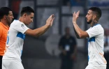 Les joueurs de Marseille Florian Thauvin (g) et Dario Benedetto buteur lors de la victoire 1-0 Ă domicile face Ă Saint-Etienne le 1er septembre 2019