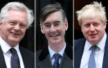 David Davis, ex-ministre chargé du Brexit, (à gauche), Jacob Rees-Mogg, patron du group ERG (au centre) et Boris Johnson (à droite)