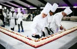 Record du monde du plus grand fraisier, long de 121,88 m, exposé à la patinoire d'Argenteuil, le 23 avril 2025