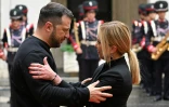 La Première ministre italienne Giorgia Meloni accueille le président ukrainien Volodymyr Zelensky au palais Chigi à Rome, le 13 mai 2023