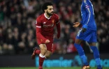 Le milieu de terrain égyptien de Liverpool Mohamed Salah vient de marquer contre Leicester en Premier League, le 30 décembre 2017 à Liverpool