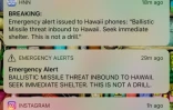 Capture d'écran du smartphone du photographe de l'AFP à Honolulu, Hawaï, montrant les messages d'alerte reçus le 13 janvier 2018, qui était fausse