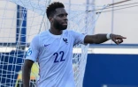 La joie de l'attaquant français Odsonne Edouard, après avoir marqué le 2e but contre l'Islande, lors de l'Euro-Espoirs, le 31 mars 2021 à Gyor (Hongrie)