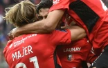 Nayef Aguerd félicité par Gaëtan Laborde et Lovro Majer après avoir marqué le but de la victoire rennaise face à Strasbourg au Roazhon Park, le 24 octobre 2021 
